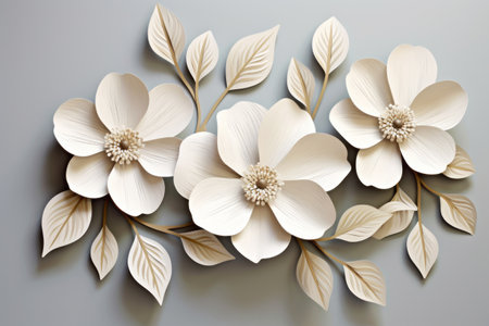White paper cut spring flower blooming composition on light grey background. Origami abstract art decoration blossom element designの素材