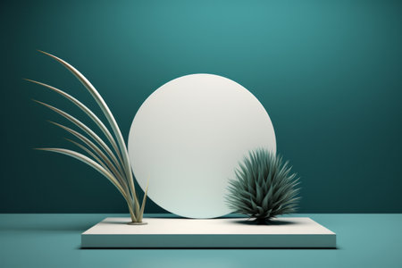 Minimal white product podium mockup with empty circle display on aquamarine background. Presentation stage platform conceptの素材
