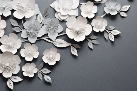 Paper cut decor with blooming white flowers in left corner on dark grey background. Abstract hand craft floral compositionの素材