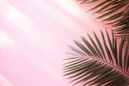 Light pink background with palm leaves and soft sun shadow. Empty wall with copy space minimal template mockupの素材