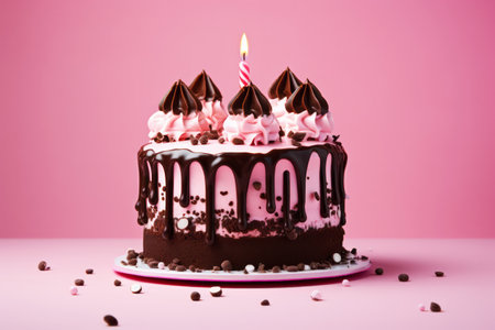 Pink baby girl chocolate cream birthday cake with one candle. Happy holiday conceptの素材