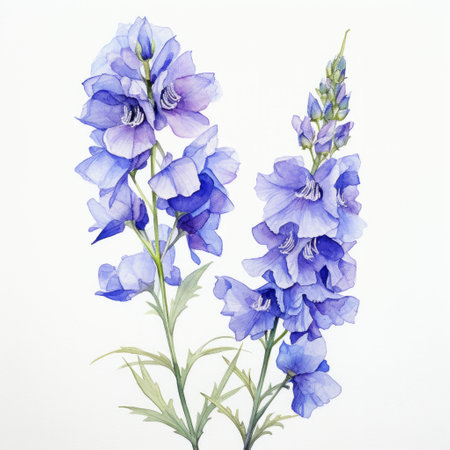 Blue watercolour delphinium larkspur spring flower illustration on white background. Floral blossom conceptの素材