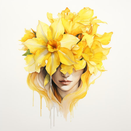 Yellow watercolour daffodil narcissus flower on woman head illustration on white background. Floral blossom conceptの素材