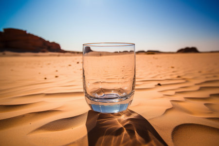 Empty water glass in desert sand drought climate change global warming concept. Mirage of fresh drink in hot summer dayの素材