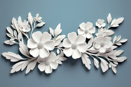 Paper cut flowers, gypsum plaster modelling blooming composition on blue background. Origami handmade craft artの素材