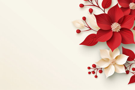Paper cut red poinsettia flower with berry on light copy space background. Mochup surface with origami winter holiday compositionの素材