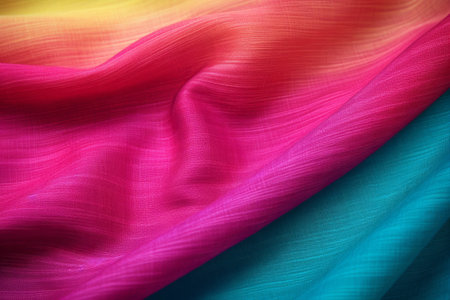Bright colour silk satin wave drapery abstract background. Pink blue yellow flowing fabric material textureの素材