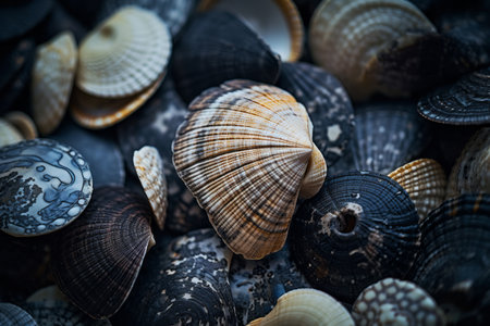 Elegance in nature closeup of a black seashell on sandy beach. Sea life conceptの素材