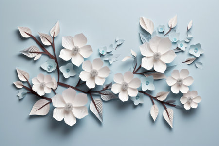 Paper cut white and blue spring flowers on light teal background. Origami abstract art decor blossom element designの素材