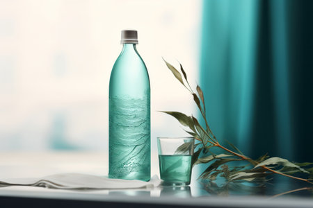 Minimalist water bottle mockup clean design with copy space. Still water on tableの素材