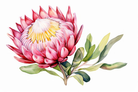 Pink watercolour protea Christmas season flower illustration on white background. Floral blossom holiday conceptの素材