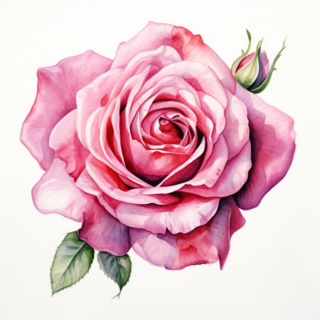 Pink light red watercolour rose flower top view illustration on white background. Floral blossom conceptの素材