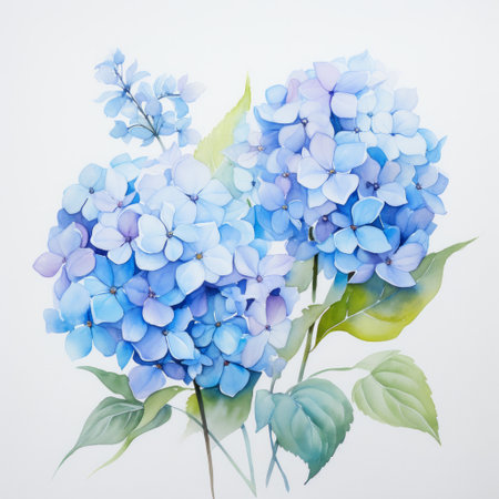 Blue watercolour hydrangea hortensia summer flower illustration on white background. Floral blossom conceptの素材