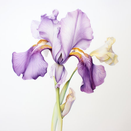 Violet purple watercolour iris spring summer flower illustration on white background. Floral blossom conceptの素材