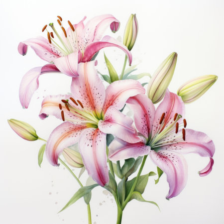 Pink and white watercolour lily lilium summer flower illustration. Floral blossom conceptの素材