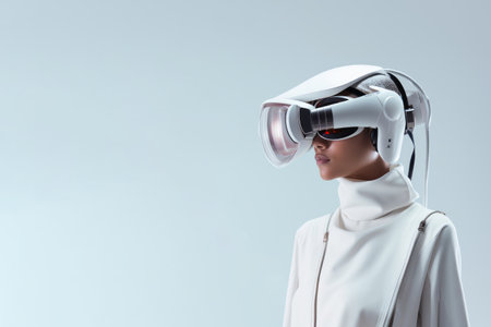 Virtual technology woman portrait with copy space background. Futuristic headset headgear tech gadgetの素材