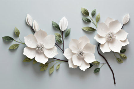 White paper cut jasmine flower with green leaves spring composition on light background. Origami abstract art decoration blossom element designの素材