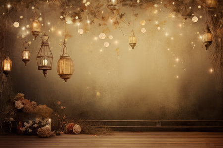 Old garden with flashlights in retro style on empty copy space background. Vintage lantern hanging on grape branches.の素材