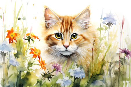 Ginger kitty watercolor illustration of cute cat and spring meadow flowers. Drawing art conceptの素材