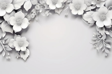 White empty copy space background with paper cut 3d flowers on light grey background. Origami art floral layout decorの素材
