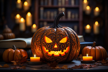 Candlelit chills Halloween spooky pumpkin head in nighttime illumination. Holiday comceptの素材