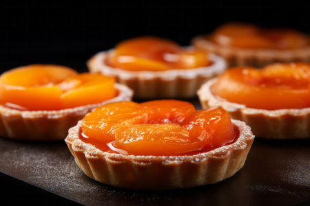 Close-up of fresh apricot tartelettes dessert. Home made cooking conceptの素材