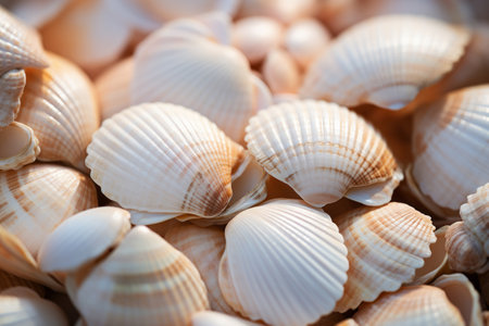 White and beige closeup macro background of seashells laying on beach in sunny day. Ocean underwater life conceptの素材
