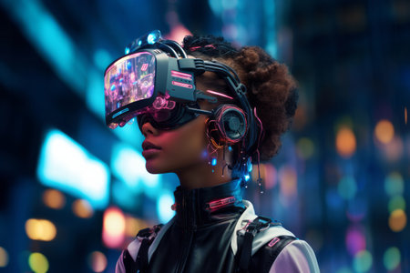 Woman wearing virtual reality technology glasses on neon colour lights night city background. Modern futuristic metaverse tech conceptの素材