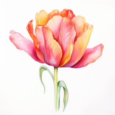 Pink yellow colour watercolour tulip spring flower illustration on white background. Floral blossom conceptの素材