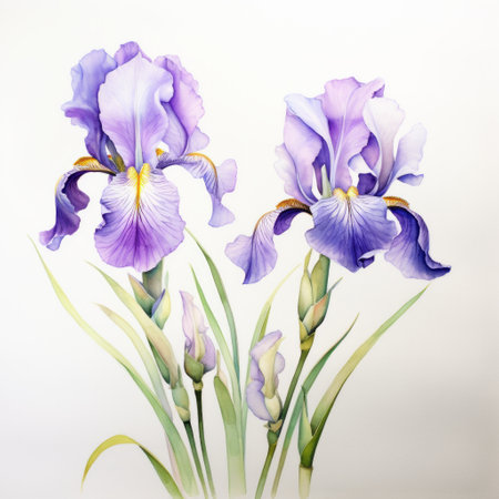 Two violet purple watercolour iris spring summer flower illustration on white backdrop. Floral blossom conceptの素材