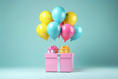 Pink present gift box with festive helium balloons bunch on aquamarine background. Happy anniversary party surprise packageの素材