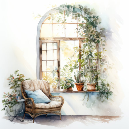 Summer garden terrace balcony patio with rattan arnchair and flowerpots on big window. Rest relaxed lifestyle conceptの素材