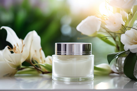 Elegant face cream bottle container product mockup on table with flowers. Self care conceptの素材