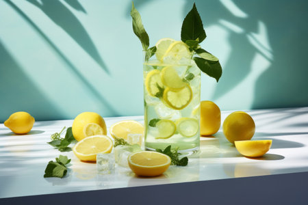 Glass of homemade lemonade with mint leaves on hard sunlight shadows. Fresh summer lemon soda drinkの素材