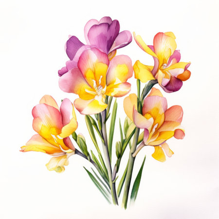 Yellow purple watercolour freesia summer flower bouquet illustration on white background. Floral blossom conceptの素材