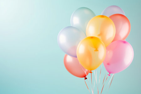 Birthday helium balloon bunch in pink blue and yellow colours on teal background. Happy anniversary party celebrationの素材