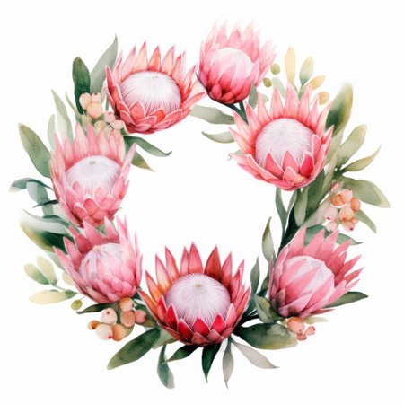 Pink watercolour protea flower Christmas wreath circle decoration on white backdrop. Floral blossom holiday conceptの素材