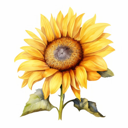 Yellow head of watercolour sunflower blooming flower illustration on white background. Floral petal conceptの素材
