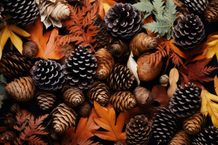 Pine cone with dry autunm leaves top view lay out background. Winter holiday decoration conceptの素材