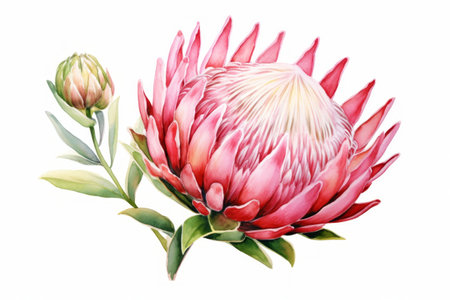 Pink watercolour protea Christmas winter flower illustration on white background. Floral blossom holiday conceptの素材