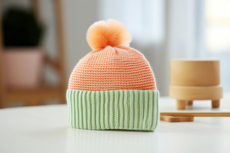 Knitted baby hat in pastel orange green colours with pompon on white table. Handmade conceptの素材