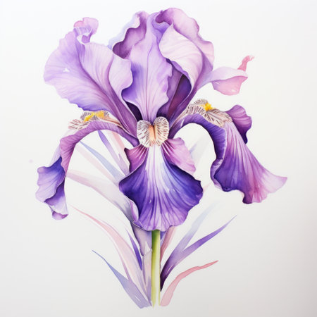 Violet purple watercolour iris summer flower painting on white background. Floral blossom conceptの素材