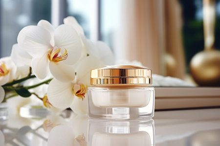 Luxury face cream bottle on spa table with branch of orchid flowers. Self care conceptの素材