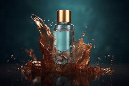 Teal and gold micellar bottle cosmetic mockup on blue background. Tonic serum skin care templateの素材