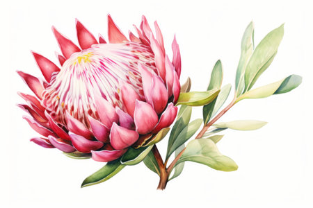 Pink watercolour protea Christmas summer winter flower illustration on white background. Floral blossom holiday conceptの素材