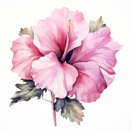 Pink watercolour paradise tropical hibiscus summer flower illustration on white background. Floral blossom conceptの素材