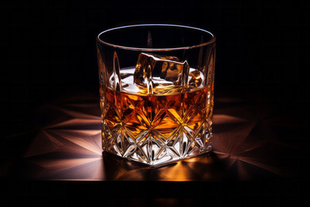 Glass of whiskey with cube of ice on wooden table with black background. Luxury drinks conceptの素材