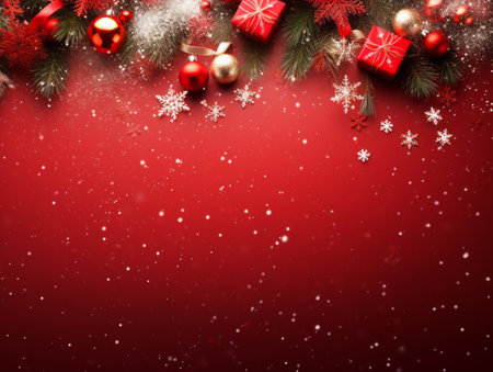 Red Christmas background with New Year tree branch and ornament decoration flat lay. Winter holiday season xmas bannerの素材