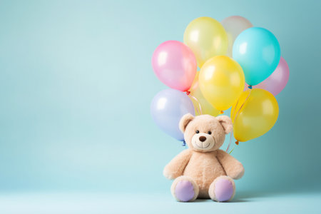 Beige fluffy bear kid toy with colourful birthday balloon bunch on minimal pastel teal background. Happy party celebration conceptの素材