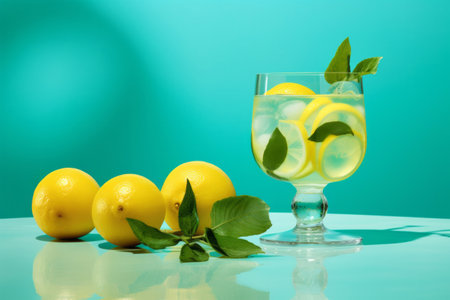 Glass of homemade lemon drink with mint leaves on sunny teal background. Fresh summer lemonade soda drinkの素材